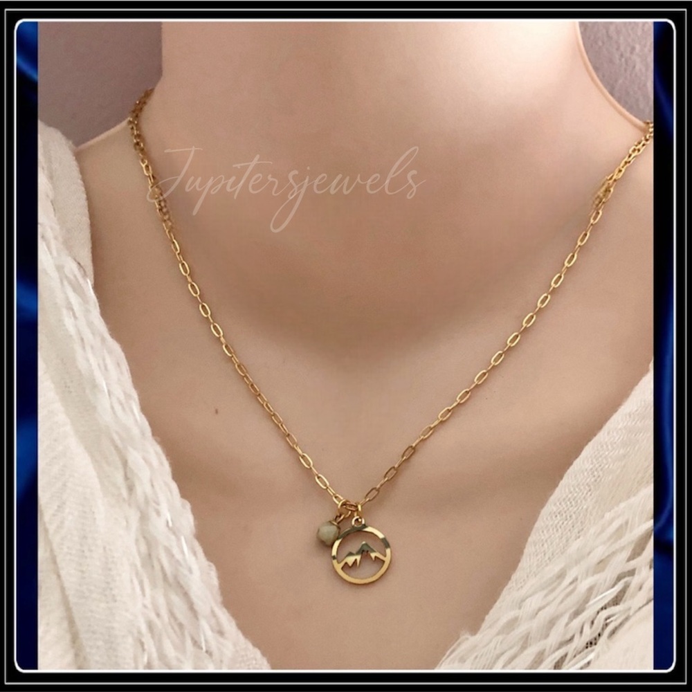 New 14k Gold Mountains Nature Bead Charm Steel Laser Chrome Paperclip Necklace